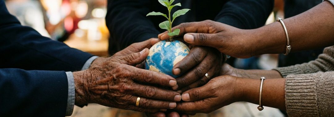 Diverse hands (symbolizing the state, employer, and family) working together on a task, representing the "shared social responsibility"