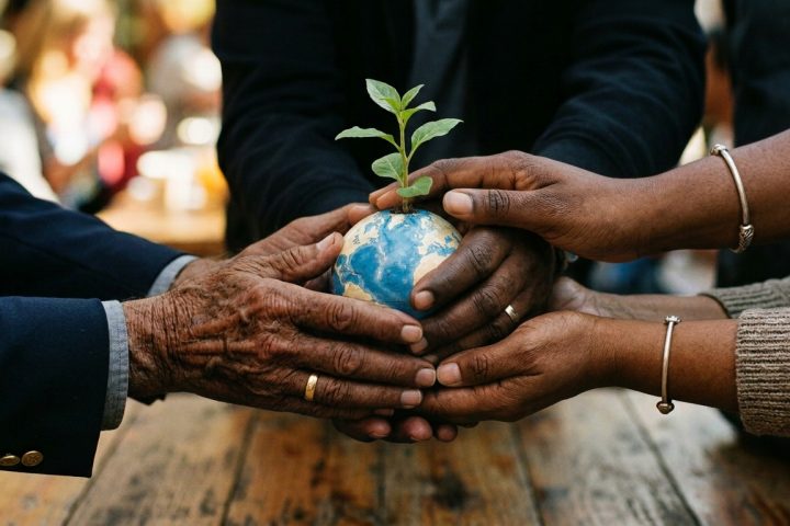 Diverse hands (symbolizing the state, employer, and family) working together on a task, representing the "shared social responsibility"