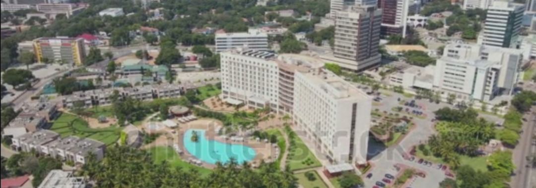 A high-angle view of Ecobank's modern headquarters