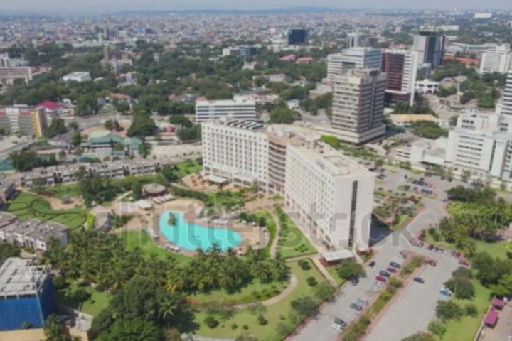 A high-angle view of Ecobank's modern headquarters